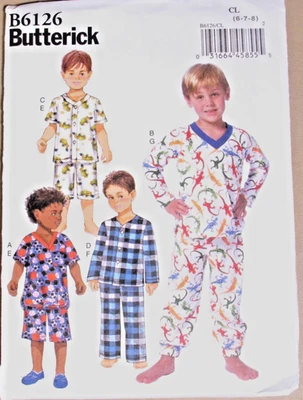 Butterick 6126 Boys Pajamas Top Pants Long Short Sewing Pattern Szs 6 7 8 Uncut - Image 1 of 4