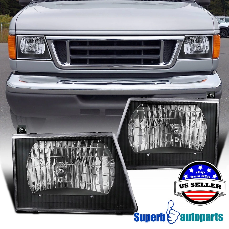Fits 1992-2006 Ford E150 E250 E350 E450 Econoline Van Headlights Lamps Black - Image 1 of 4