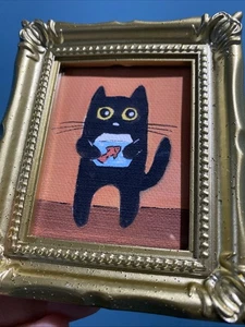 STAMPA gatto nero e pesce carino, divertente, dipinto, incorniciato, miniatura, piccolo, mini - Foto 1 di 5