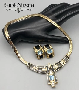 Vintage Christian Dior Schwarz Emaille Blau Strass Halskette & Ohrringe Set - Bild 1 von 13