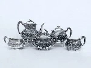 1866 SIMPSON HALL MILLER & CO.AESTHETIC REPOUSSE ORNATE RIBBED TEA & COFFEE SET - Picture 1 of 24