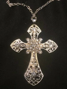 Silver Plated Wide Cubic Zirconia Pendant Necklace Cross - Picture 1 of 2