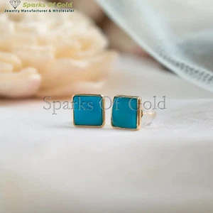 Aretes cuadrados turquesa natural de 2,57 quilates oro amarillo de 14 quilates joyería para fiesta - Imagen 1 de 2