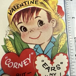 Vtg UNUSED Valentine’s Day Card W/Env SS Boy MCM Farmer Corny Ears Of Corn - Picture 1 of 3