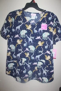 ScrubStar V-Neck Scrub Top Blue Zoo Animals Giraffe Elephant Monkeys Birds NWT - Picture 1 of 8