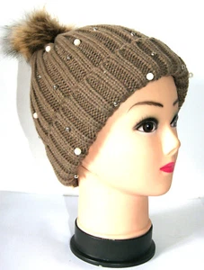 BONNET FANTAISIE DOUBLÉ FEMME MARRON PERLE TAILLE UNIQUE CADEAU HIVER CHAUD SKI - Picture 1 of 5