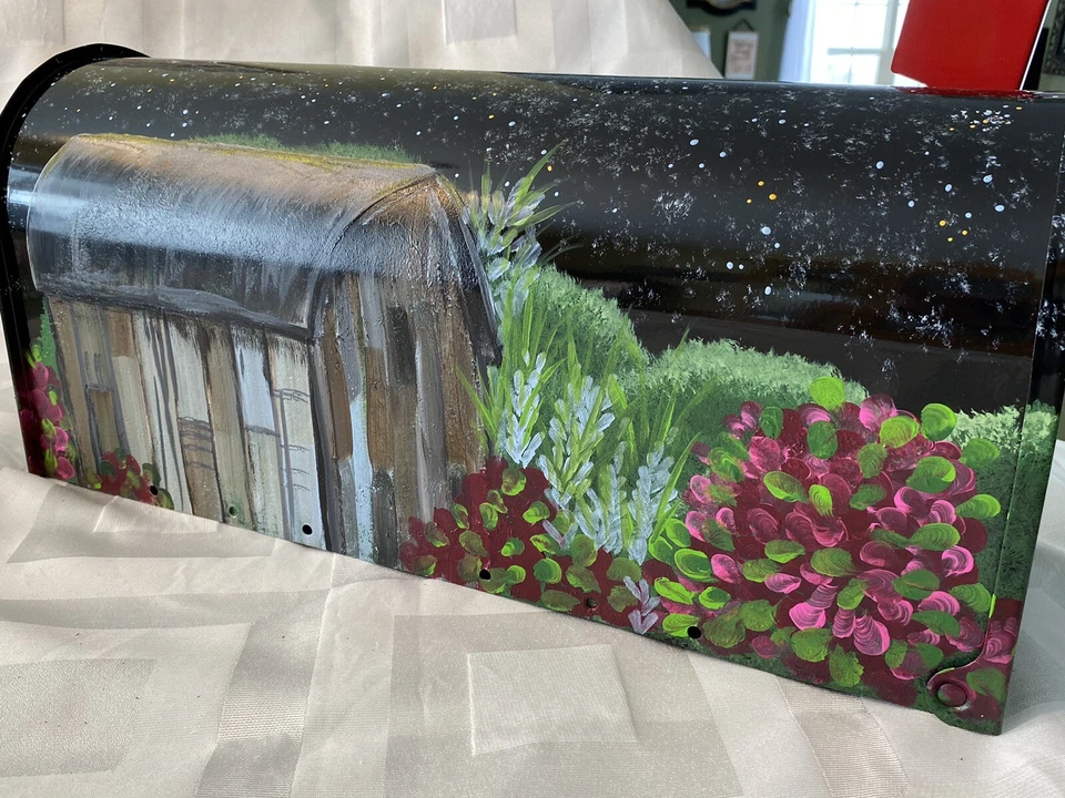 Hanpainted Mailbox Starry Night Country Sky With Barn Mountains And Pink Flowers - Image 1 of 4