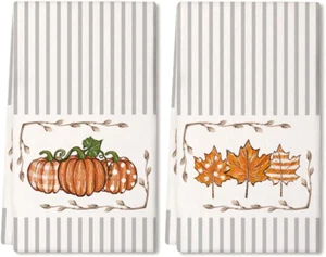 ARKENY Fall Kitchen Towels Set of 2,Orange Pumpkin Maple Autumn Dish Towels 18X2 - Picture 1 of 7