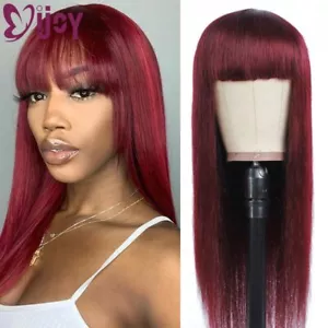 Brazilian Burgundy 99J 18“ Long Straight Wig Wine Red Human Hair Wig With Bangs - Picture 1 of 12