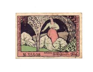 25 PFENNIG VERY FINE EMERGENCY ISSUED NOTE FROM GERMANY/SALZIG 1921 - Picture 1 of 2