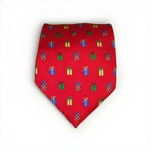Lands End Red Repp Tie Long Christmas Present Print Holiday Theme - Picture 1 of 4