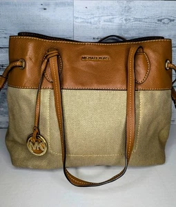 MICHAEL KORS Marina Drawstring Shoulder Bag MK Gold logo Canvas Satchel - Picture 1 of 4