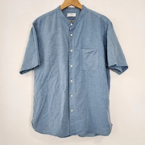 UNIQLO Mens Blue Linen Blend Button-Up Short Sleeve Shirt Mandarin Collar Preppy - Picture 1 of 9