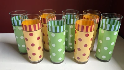 8 Highball / Iced Tea, yellow /red & green/white Poka Dots, Gail Pittman Design, - Image 1 of 4
