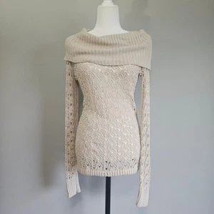 Rüschenpullover Damen S beige offen Strick schulterfrei Langarm Pulli Y2K - Bild 1 von 10