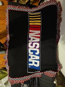 Vintage 90s NASCAR Racing Big Logo Spell Out Fringed Throw Blanket 56x45 USA - Picture 1 of 2