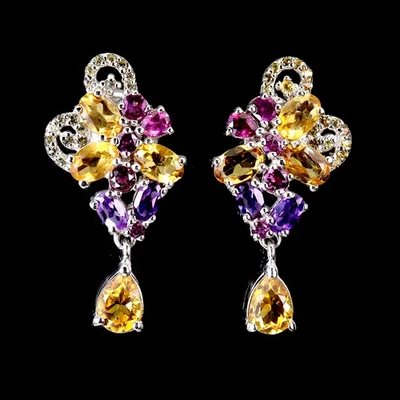 925 Sterling Silver Earrings Pear Citrine 7x5mm Sapphire Garnet Gemstone Jewelry - Image 1 of 4