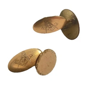 Gold Colored Antique Cufflinks Engraved Masonic Emblem Signed BM - Picture 1 of 6