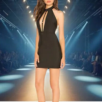 Por cierto. XS Vestido Halter Vendaje Correa Frontal Negro  Foto 1 de 4