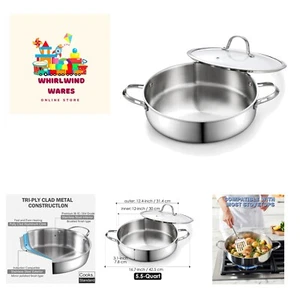 5.5-Quart Multi-Ply Clad Stainless Steel Deep Sauté Pan, 12-inch Frying Pan, ... - Picture 1 of 9