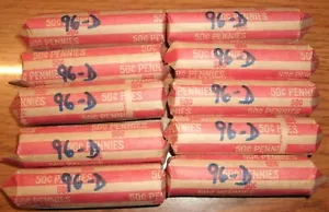1996 D Cent Rolls--Uncirculated--10 ROLLS--FREE SHIPPING - Picture 1 of 4