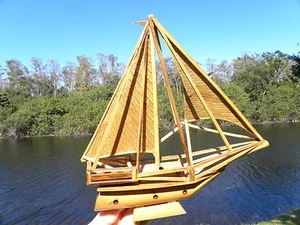 Vintage signed Nose Wood Wooden Model Bamboo Boat Ship Sail Boat Home decor - Picture 1 of 12