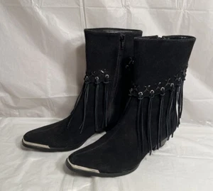 Stivali cowgirl western scamosciati neri con frange e zip laterale Oak Tree Farms vintage taglia 8 - Foto 1 di 12