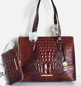 🌹Brahmin Anywhere Tote Pecan Brown Leather Shoulder Bag + Zip Around Wallet NWT - Picture 1 of 11
