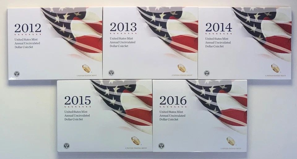 2012 13 14 15 & 2016 Mint Annual Dollar 5 Unc Sets wBurnished “W” Silver Eagles - Image 1 of 4
