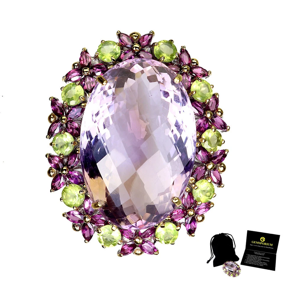 Valentine 925 Argento Spilla Ovale Ametrino 107ct Peridoto Gemma Fatto a Mano - Immagine 1 di 4