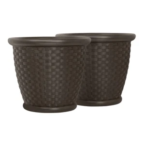 18 Inch Round Indoor Outdoor Resin Wicker Planter Set Lightweight Textured Woven - Picture 1 of 12