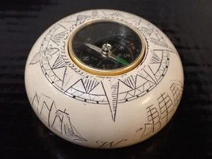 Scrimshaw Style Nautical Compass Inscribed Galleon Design Great Britain 3" - Picture 1 of 6