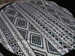 DSW Black White Aztec Print Beach Blanket Table Cover 62" round fringed vtg - Picture 1 of 5