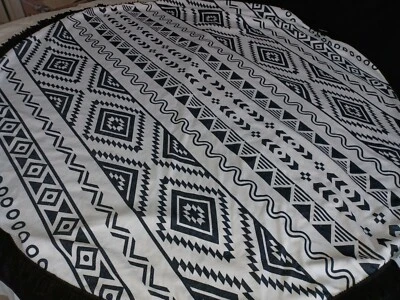 DSW Black White Aztec Print Beach Blanket Table Cover 62" round fringed vtg - Image 1 of 4