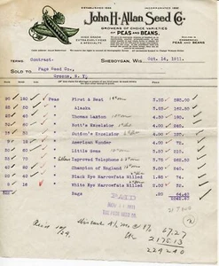 John H. Allan Seed Company Züchter Erbsen Bohnen Sheboygan Wisconsin 1911 Billhead - Bild 1 von 1
