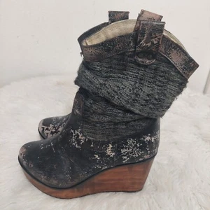 Bed Stu Leather Boots 7 B Bruges Bootie Distressed Black Wedge Boho Slouch Knit - Picture 1 of 10