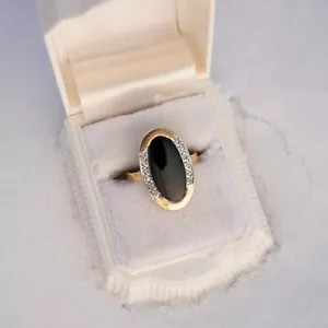 14K Yellow Gold Black Onyx & Real Natural Diamond Accent Cocktail Ring - Picture 1 of 14