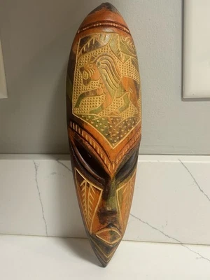 Hand-carved In Wooden Safari Jungle Wildlife Mask Wall Hanging Home Office - Image 1 of 4