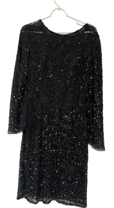 Womens Black Embellished Brocade Sequined Long Sleeve Evening Shift Dress Size S - Picture 1 of 5