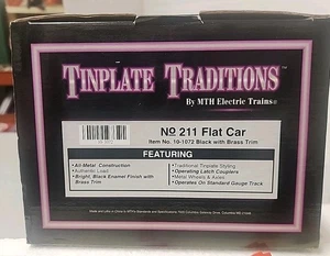 MTH Standard Tinplate Black With Brass Trim No.211 Flat Car #10-1072 New - Picture 1 of 3