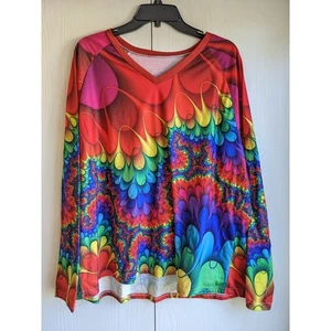 Damen Mehrfarbig Regenbogen V-Ausschnitt Langarm Polyester Top Größe 3XL - Bild 1 von 3