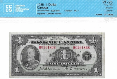 1935 Bank of Canada $1 One Dollar, English, BC-1; CCCS graded VF-25 - Image 1 of 2