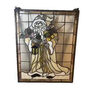 Father Christmas Tiffany Wall Décor Stained Glass 20” X 16” Brass Frame RARE - Picture 1 of 3
