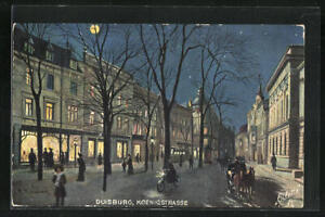 Mondschein-AK Duisburg, Koenigstrasse mit Ladengeschäft bei Mondschein 1907 