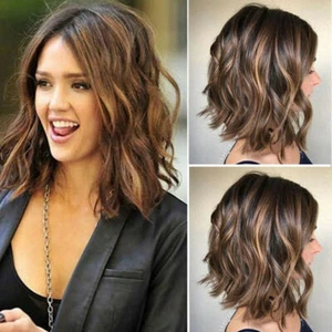 Womens Ombre Brown Curly Wig Shoulder Length Wavy Hair Fashion Daily Full Wigs - Picture 1 of 8