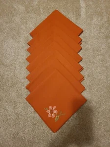 Set of 8 Embroidered Cross Stitch Flower Cloth Dinner Napkins, 16" Burnt Orange - Picture 1 of 6