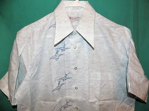 NEW! Vtg 70s STEWART'S SHORT SLV SHIRT, 50/50, DAGGER COLLAR, BIRDS, Sz 16, L - Picture 1 of 15