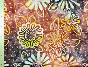 Batik Indonesian 100% cotton - "BROWN & YELLOW DAISIES" x 2m - Picture 1 of 1