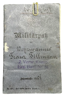 WWI Original Imperial German Military Pass TILLMANN Wounded 1915 Inf Reg 51 - Image 1 of 4