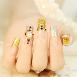  Falsche French Nägel 3D Gold + Silber Glitzer Spitze Full Cover Lackiert Fake - Bild 1 von 4